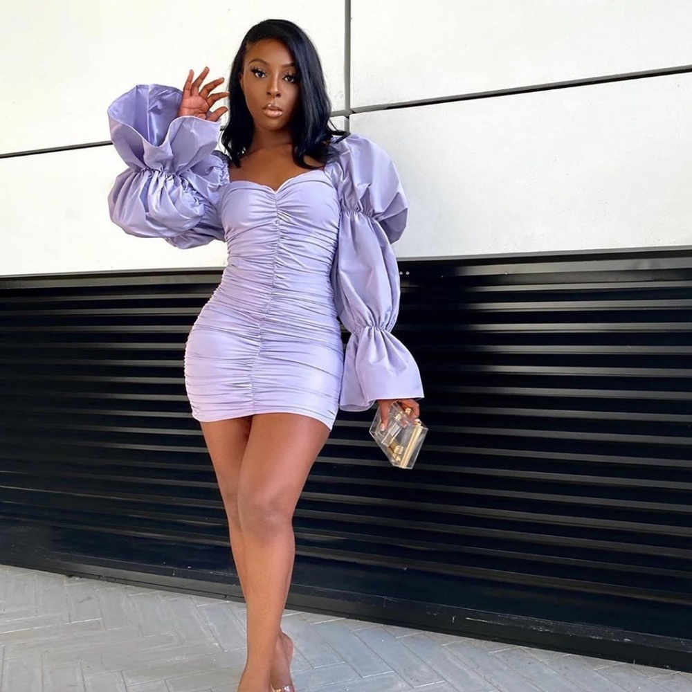 Club L London Lilac Exaggerated Puff Sleeve Gathered Dress